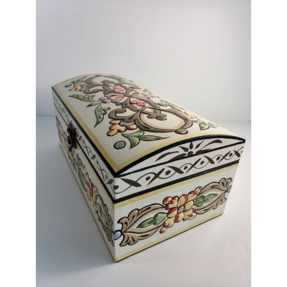Ivory Hand Painted Wooden Box 3D Floral Design